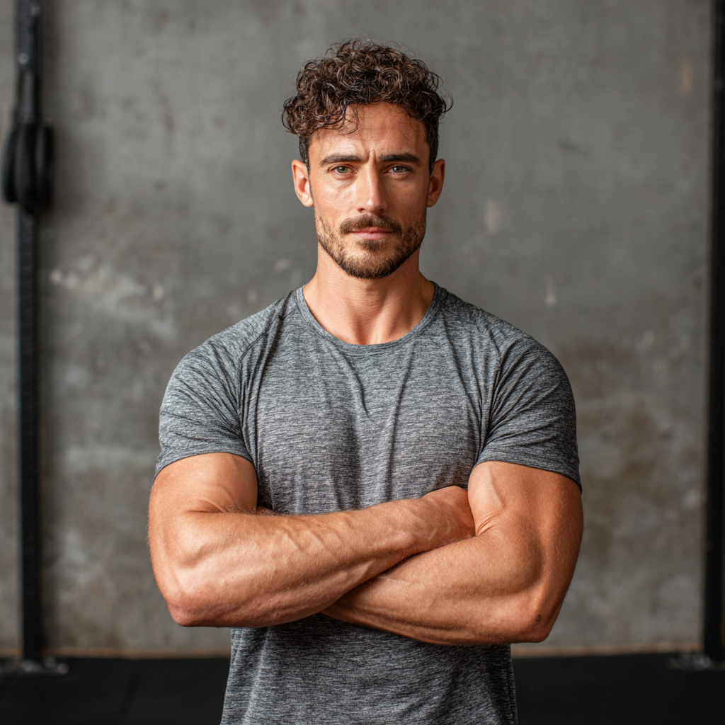 Confident athletic man in gym setting demonstrating strength and determination