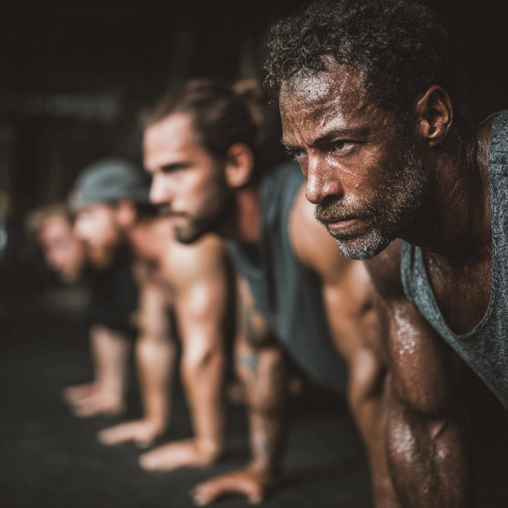 Group of motivated men training together showing teamwork and determination